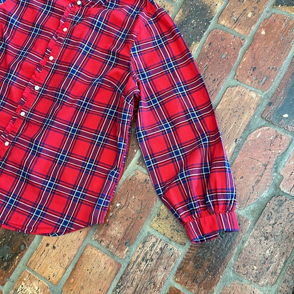 Old Navy Red Blue Plaid Tartan Ruffle Button Trim Long Sleeve Shirt zXL - Picture 7 of 15